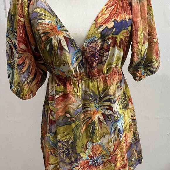 Jams World Women’s Afterglow Hawaiian Palm Tree Floral Peasant Top Sz M - Picture 1 of 16